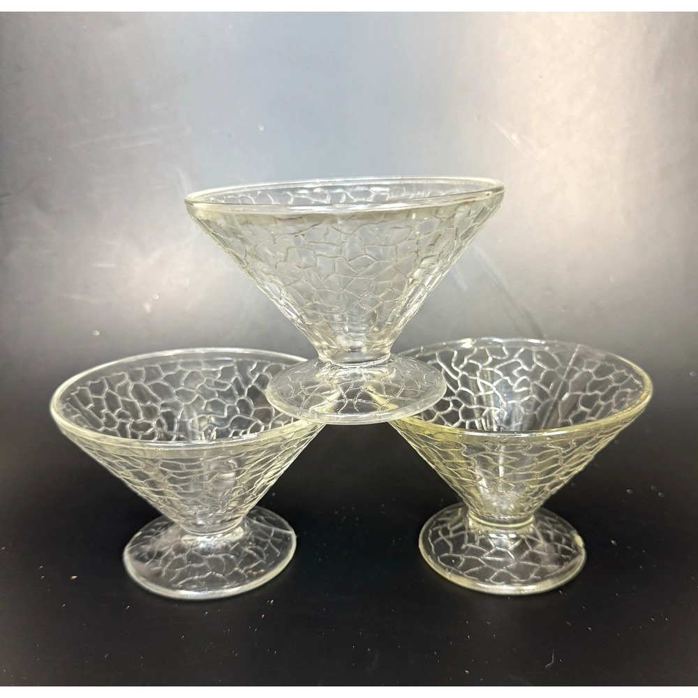 Set of 3 Vtg Crackle Clear Glass Sherbet Dishes Dessert Ice Cream Footed MCM